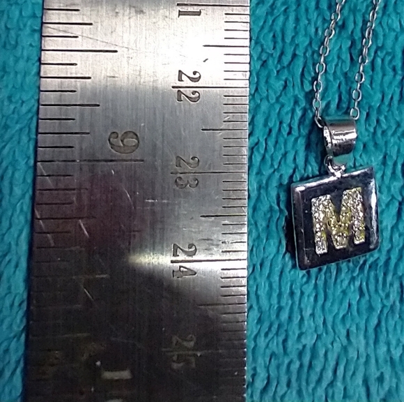 M initial crystal square necklace silvertone vintage - Picture 2 of 4